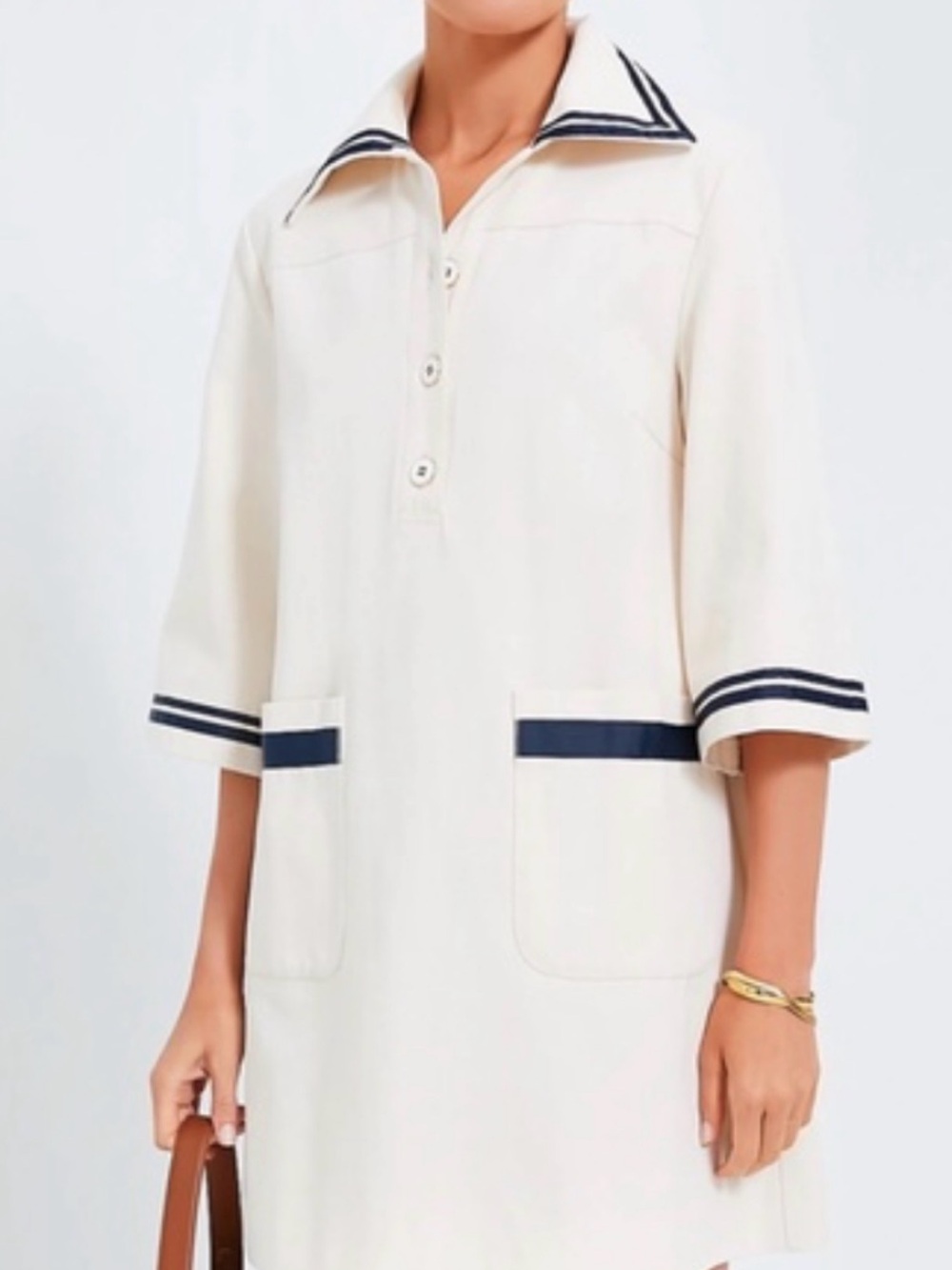 Pomander Place Cream Shift Dress with Navy Trim